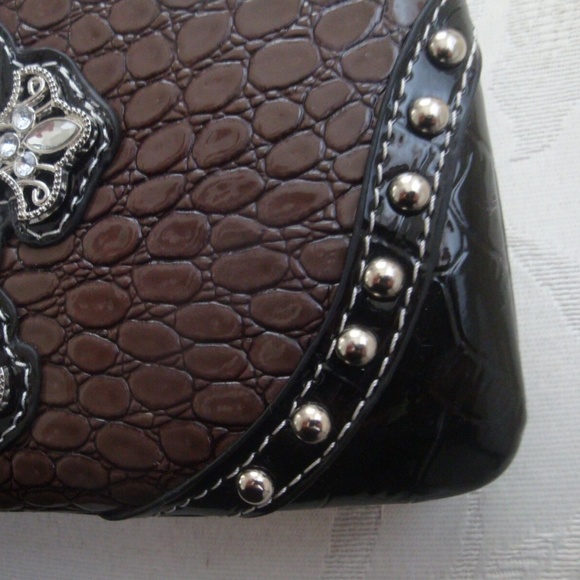 Brown Faux Croc / Snake Rhinestone Bling Cross Clutch Wallet Yesir New - Picture 5 of 6